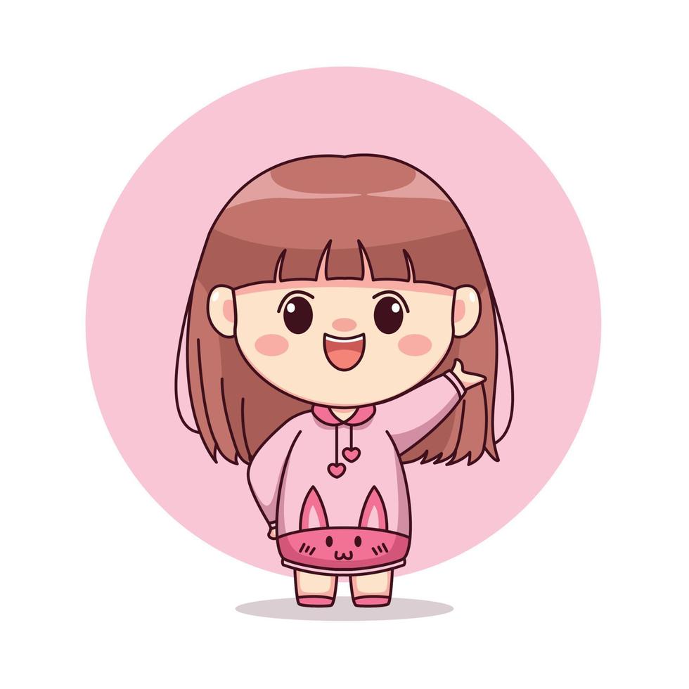 felice ragazza carina e kawaii con felpa con cappuccio rosa coniglietto cartone animato manga chibi character design vettore