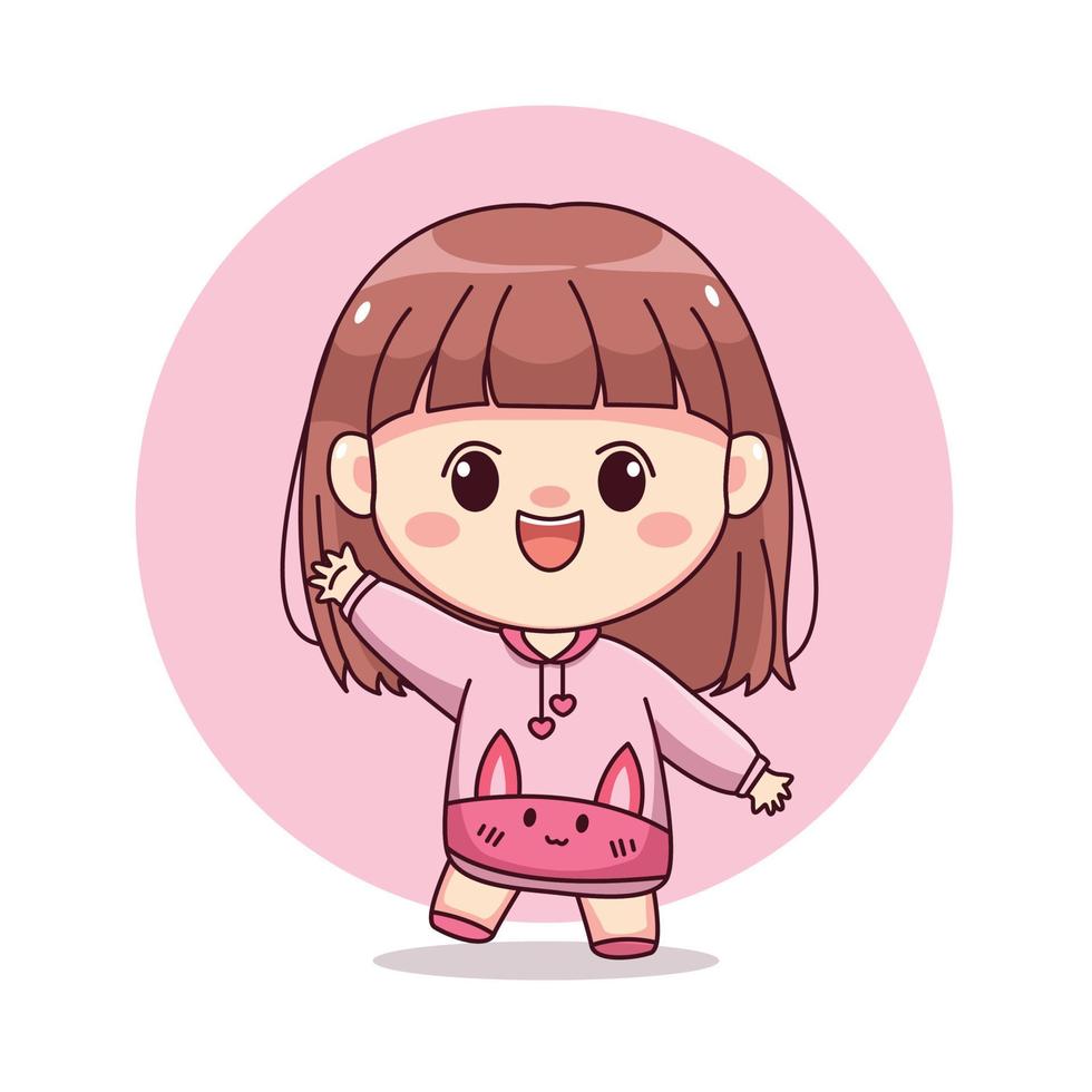 felice ragazza carina e kawaii con felpa con cappuccio rosa coniglietto agitando la mano cartone animato manga chibi character design per logo, mascotte, illustrazione, ecc vettore