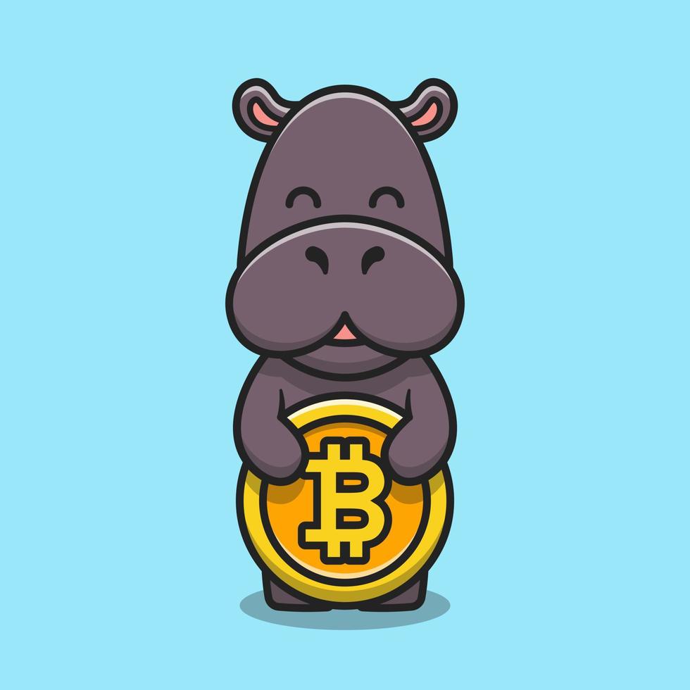 carino ippopotamo che tiene bitcoin cartone animato icona vettore illustrazione