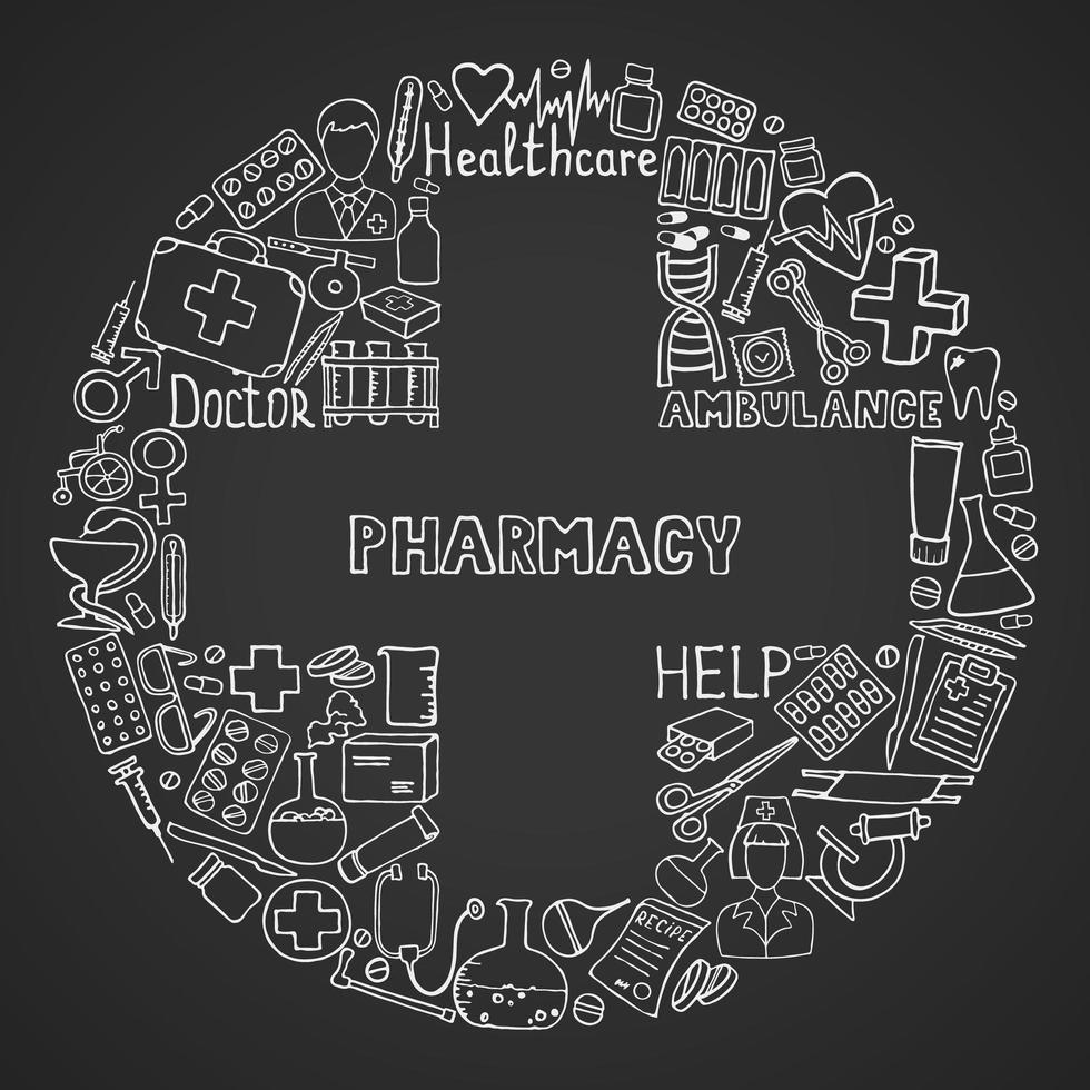 set di icone di assistenza sanitaria e medicina. illustrazioni di doodle vettoriali. vettore