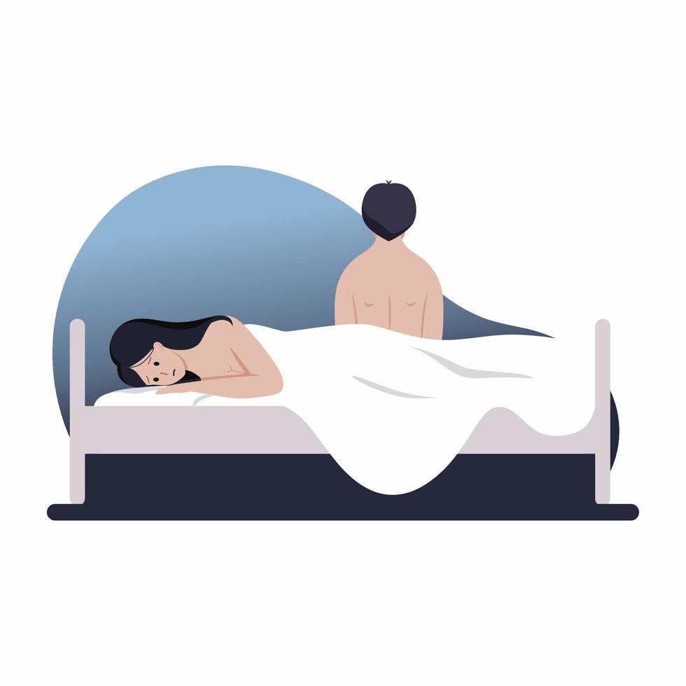 la donna e l'uomo tristi sono sdraiati a letto. disfunzione sessuale. impotenza e salute dell'uomo. vettore