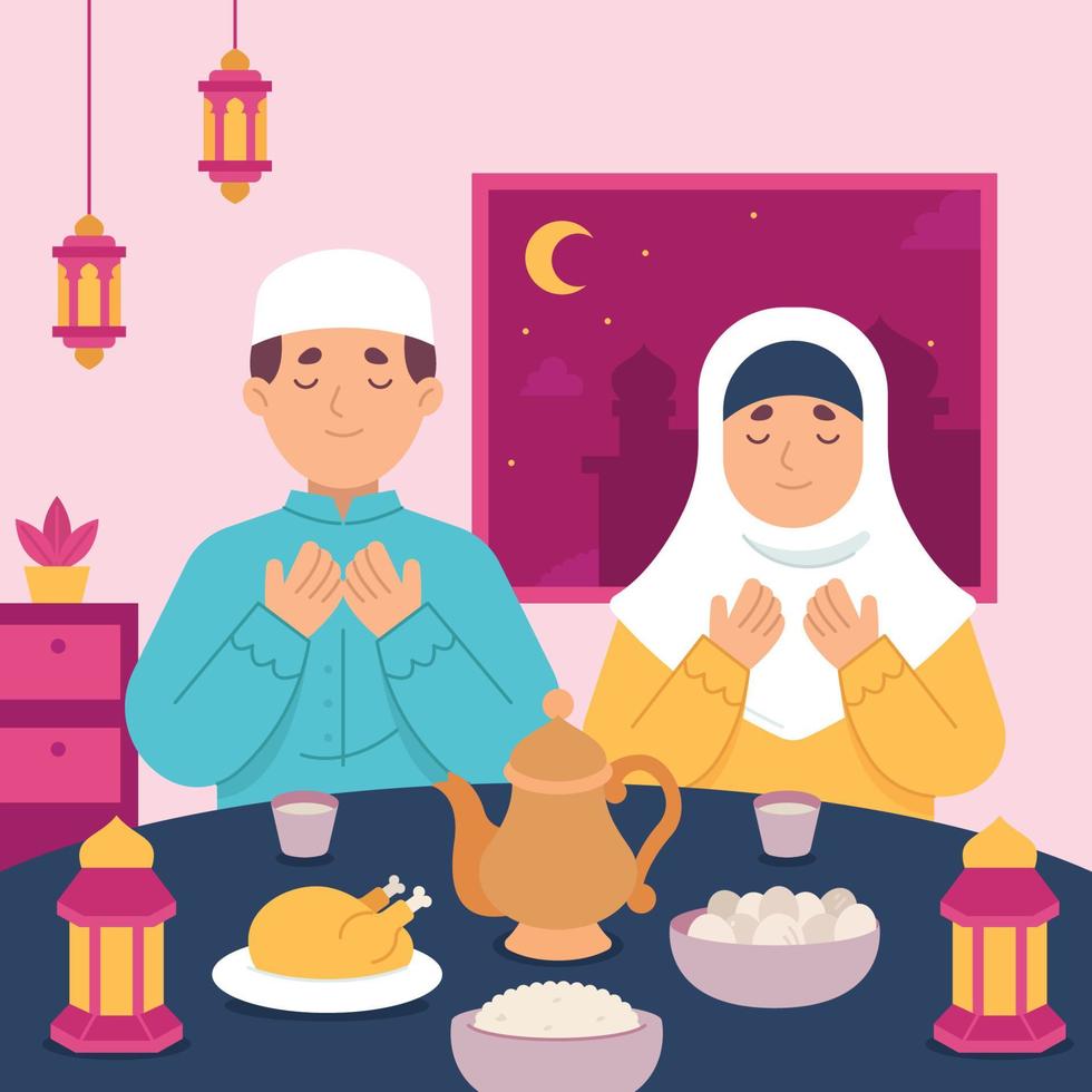iftar design piatto con coppia di musulmani in preghiera vettore