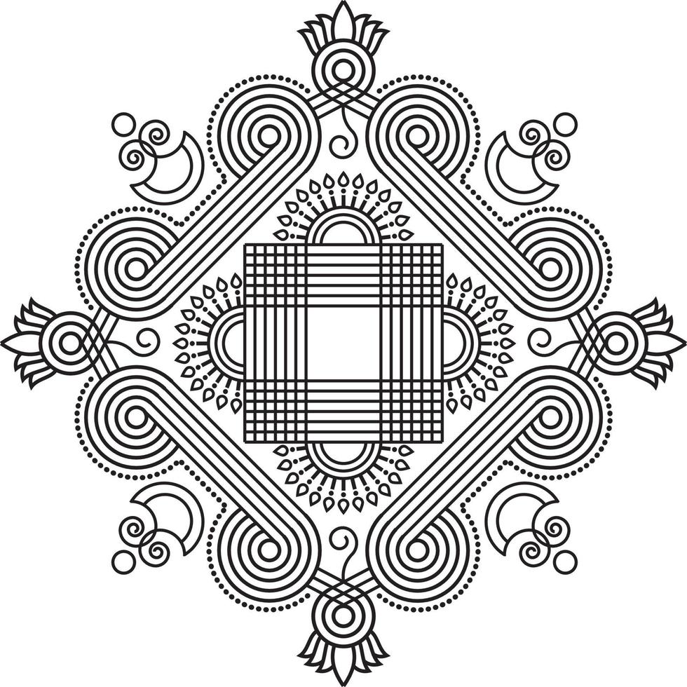 rangoli tradizionali e culturali indiani, alpona, kolam o paisley vector line art. arte bengala india. per la stampa tessile, logo, carta da parati