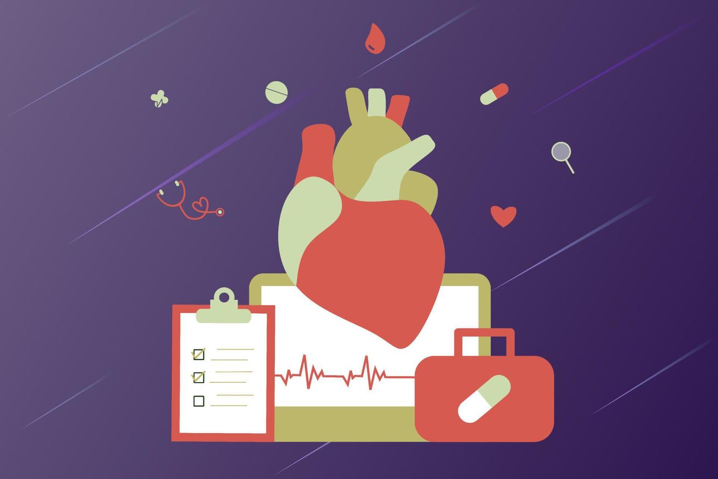 farmaci per il cuore moderno, concetto di ricerca sulle malattie cardiache. cardiologo che studia il modello del grande cuore, i farmaci e il diagramma del battito cardiaco. illustrazione vettoriale sistema cardiovascolare, colesterolo, visita medica