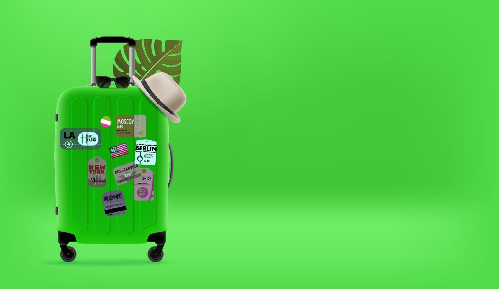 concetto di viaggio con borsa da viaggio verde. goditi i viaggi estivi. Banner vettoriale 3d con spazio di copia