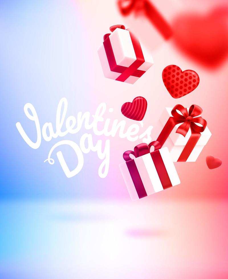 carta di San Valentino con scatole regalo e cuori che cadono. Banner vettoriale 3d con iscrizione calligrafica
