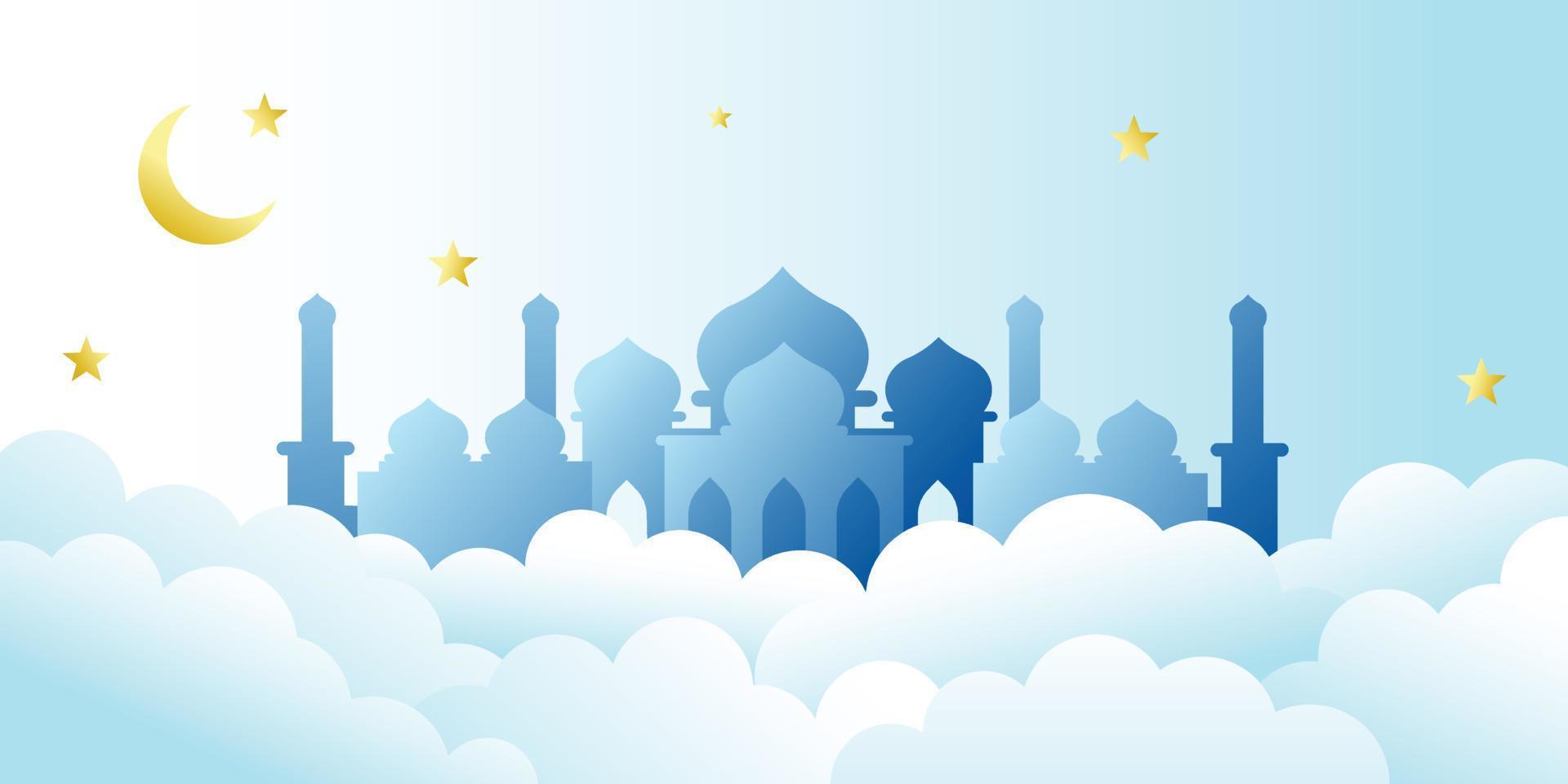 una silhouette della moschea sulle nuvole per il design a tema ramadan vettore