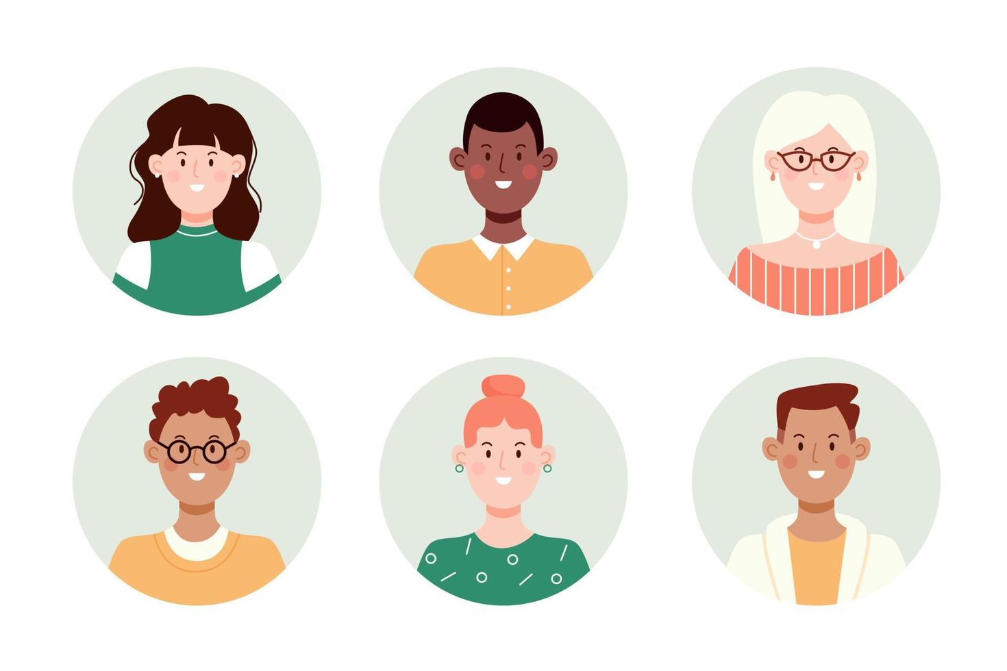 set di avatar viso cerchio. raccolta di ritratti multirazziali maschili e femminili per le icone del profilo. illustrazione vettoriale piatta.