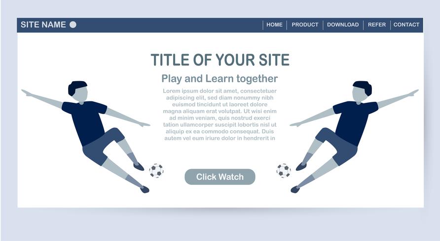 Progettazione del modello del sito Web isolata su fondo bianco con lo spazio della copia nel tono blu. Illustrazione vettoriale per UX / UI con carattere di giocatori di calcio.