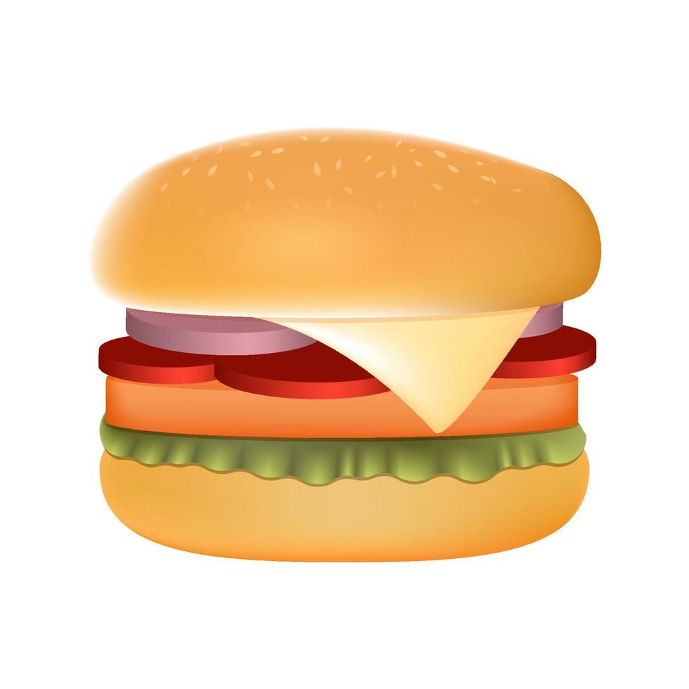 illustrazione vettoriale realistica dell'hamburger su sfondo bianco, illustrazione vettoriale dell'hamburger per la promozione del ristorante, carte del menu, social media, packaging.