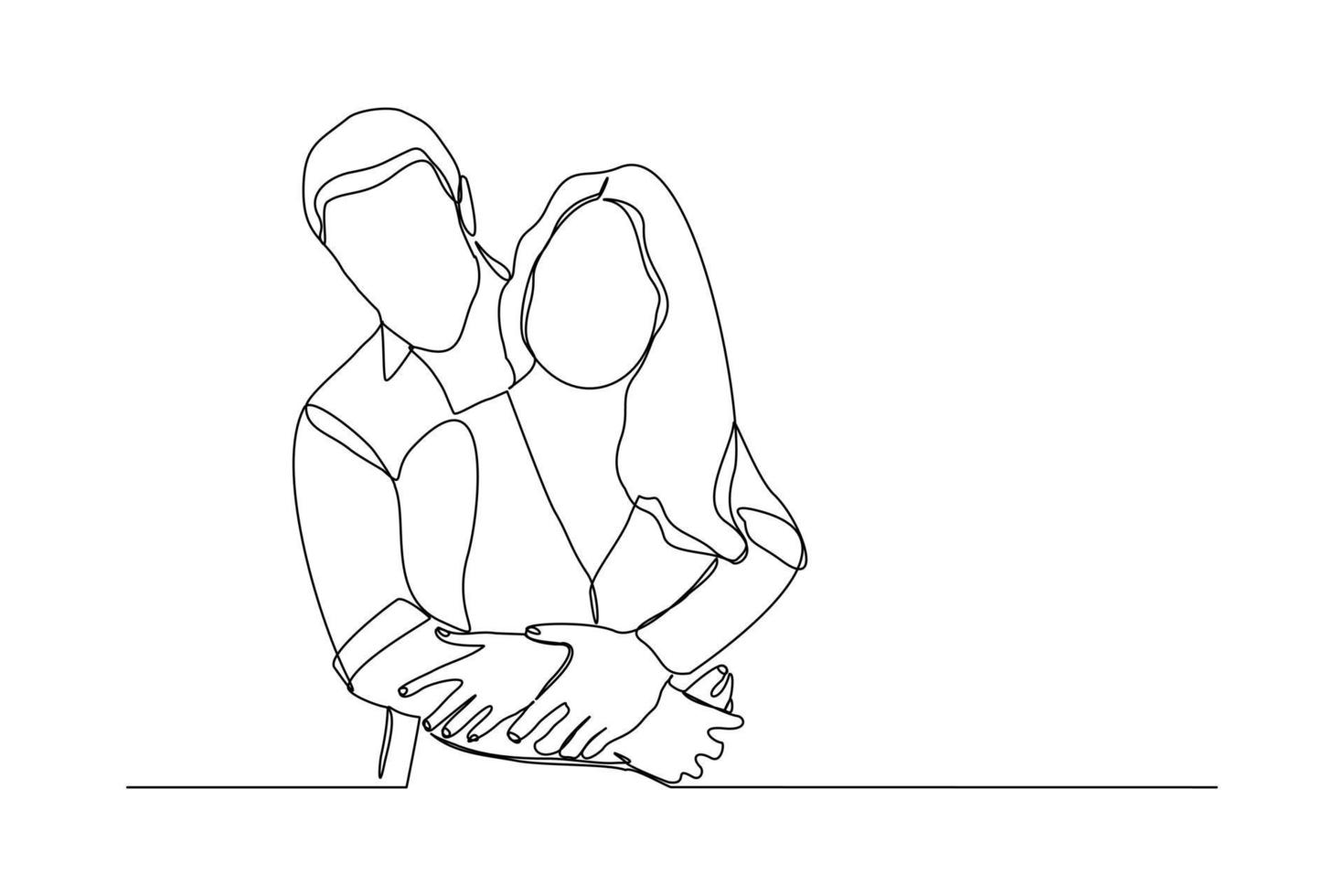 disegno a tratteggio continuo dell'abbraccio di una coppia romantica. singola linea d'arte di giovani coppie felici che si abbracciano vettore