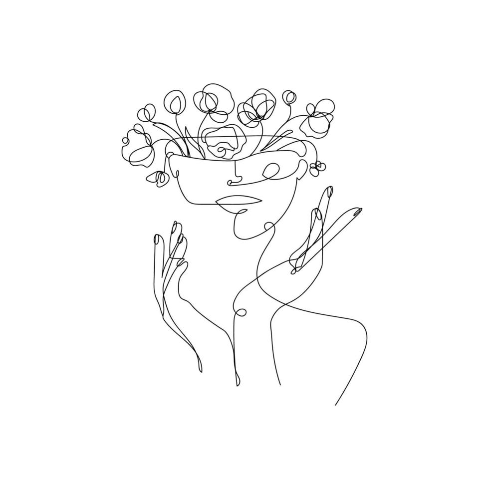 illustrazione surreale, ragazza con fiori in testa. vaso nella testa di una donna.astrazione in stile linea continua, illustrazione del contorno vettoriale