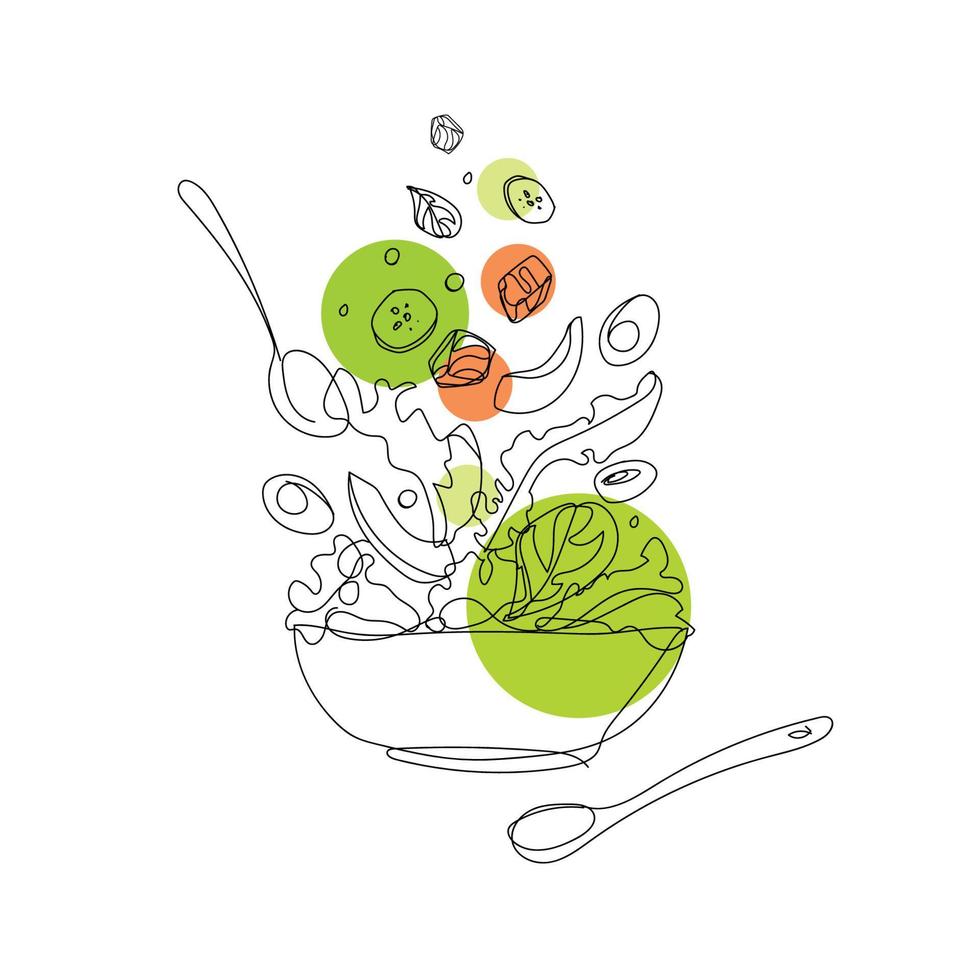 poke bowl con salmone, avocado, cetriolo e insalata disegnata in stile contorno, semplice astrazione del disegno, con macchie colorate sullo sfondo, isolata su sfondo bianco, illustrazione vettoriale