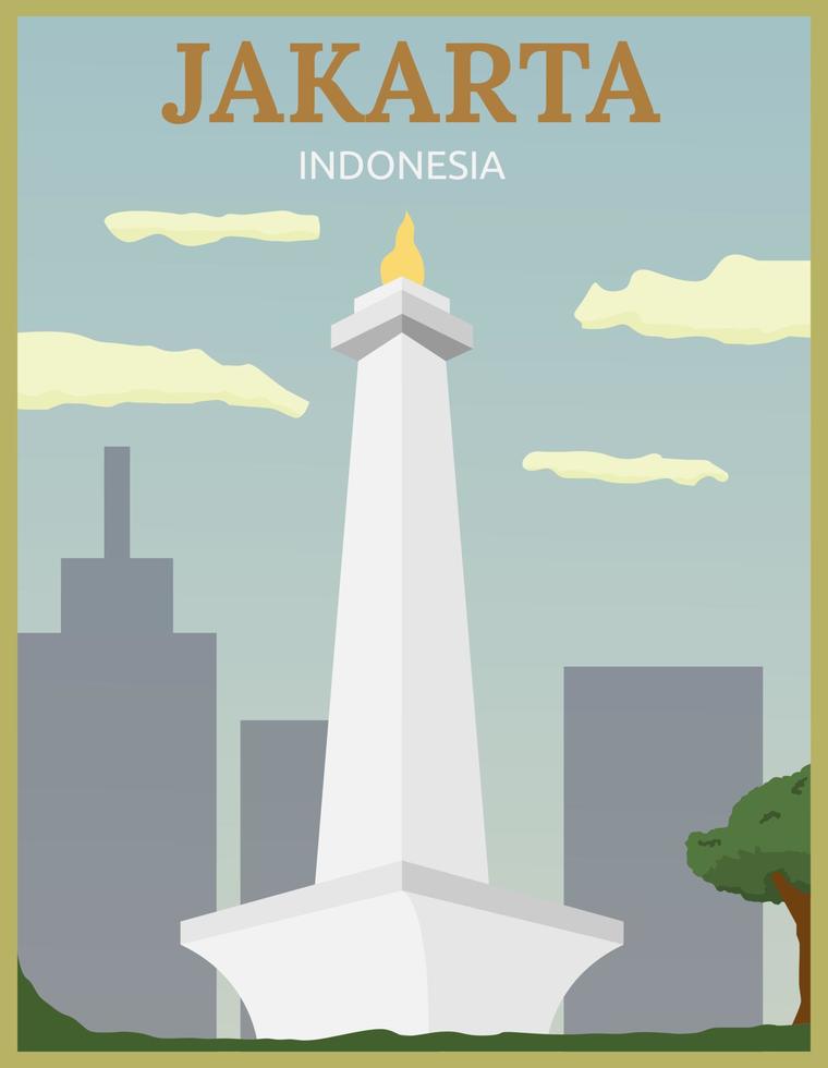 illustrazione disegno vettoriale di poster di viaggio retrò e vintage di monas a jakarta