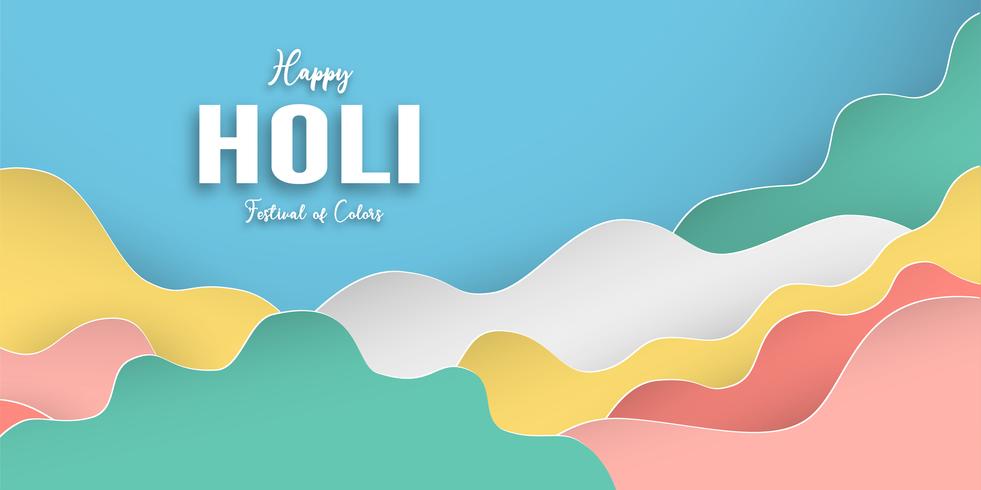 Happy Holi, Festival dei colori. Modello elemento di design per modello, banner, poster, cartolina d&#39;auguri. Illustrazione vettoriale in carta tagliata, artigianato, tipo di origami con lo stile piatto laici.