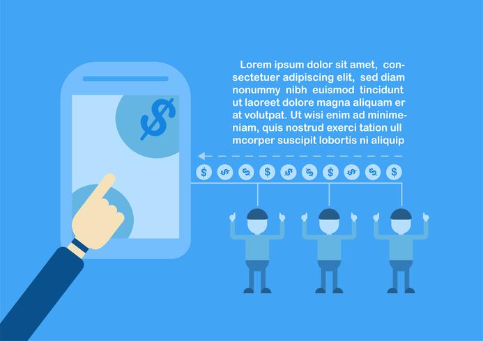 Ottenere denaro tramite internet banking con l&#39;e-commerce e il metodo di pagamento. Illustrazione vettoriale isolato su sfondo blu.