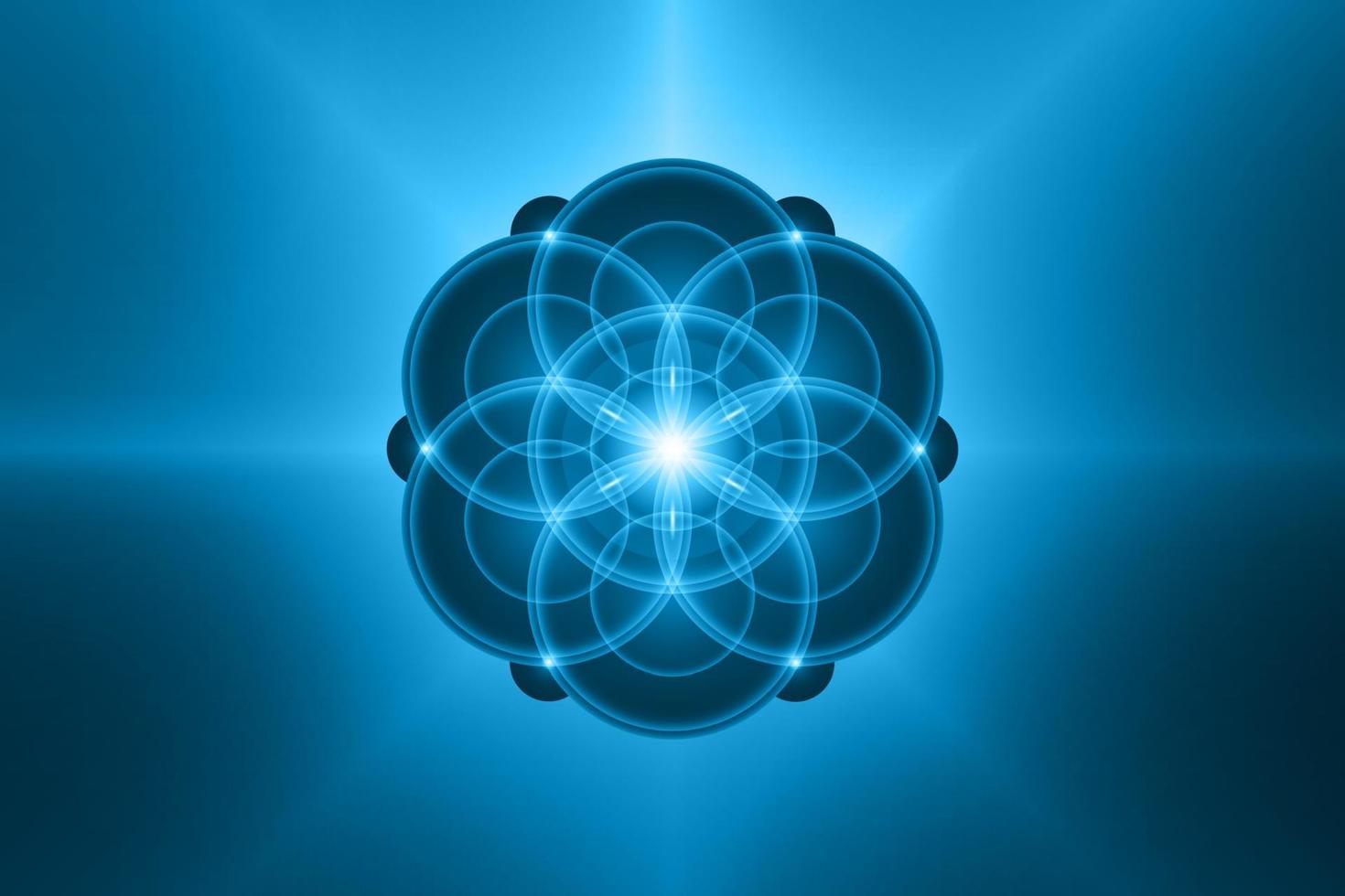 seme della vita, geometria sacra spirituale, fiore della vita, logo della luce al neon di loto simbolo di armonia ed equilibrio, ornamento geometrico luminoso, yoga, relax, vettore isolato su sfondo blu