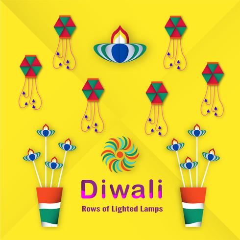 Biglietto d&#39;invito per il festival Diwali indù. Disegno di illustrazione vettoriale in stile taglio carta.