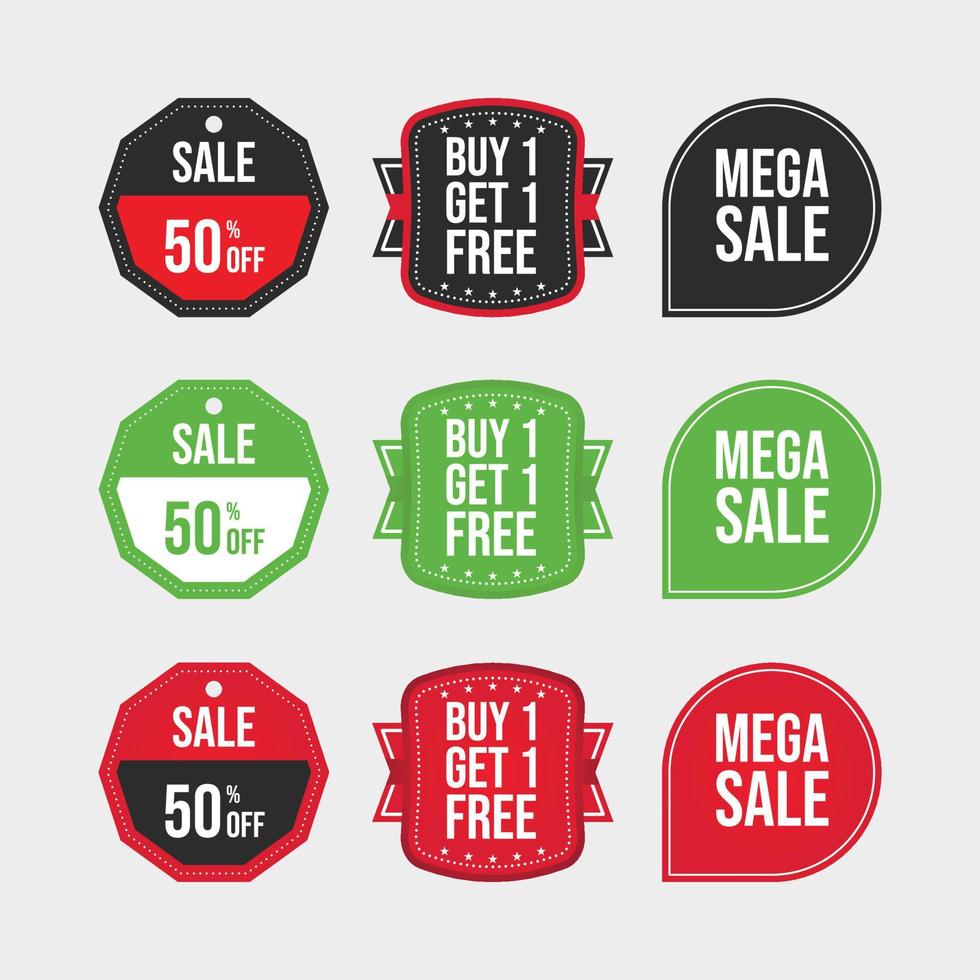 vettore del buono sconto di vendita. set di tag di vendita mega. badge di vendita con colore verde, nero e rosso. set di badge mega vendita.