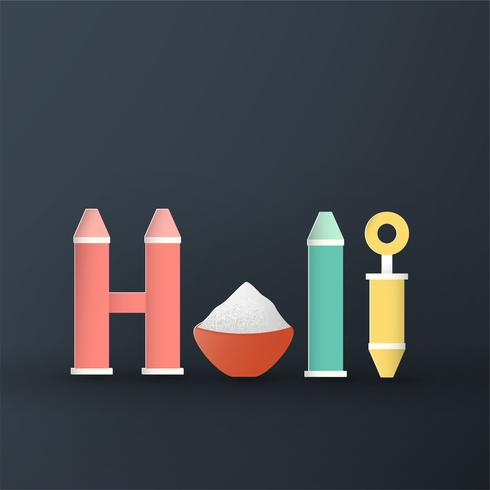 Happy Holi, Festival dei colori. Modello elemento di design per modello, banner, poster, cartolina d&#39;auguri. Illustrazione vettoriale in carta tagliata, artigianato, tipo di origami con lo stile piatto laici.