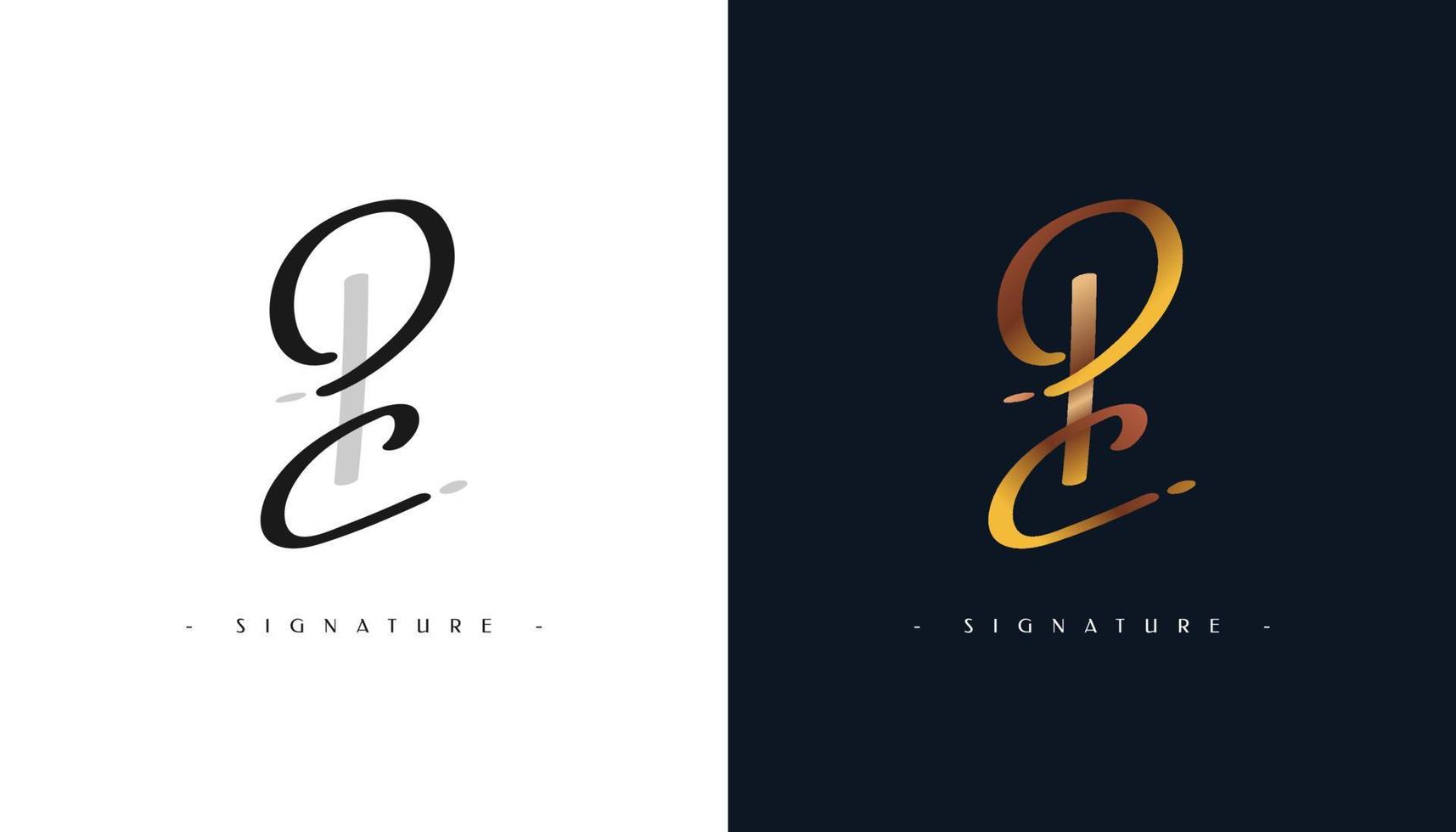 design del logo iniziale della firma p e c con stile di scrittura a mano in sfumatura oro. logo o simbolo della firma del pc per identità di matrimonio, moda, gioielli, boutique, botanica, floreale e aziendale vettore