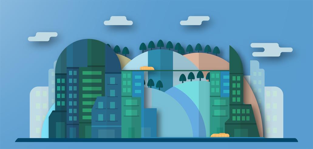 Pop-up design di edifici urbani e città futura con cielo blu e nuvole. Vector l&#39;illustrazione con la città piana nello stile del taglio della carta. Trend del punto di riferimento per il centro del mondo e il grande paese.