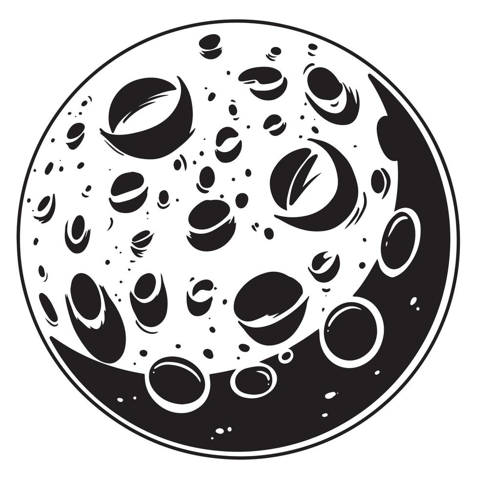 illustrazione disegnata a mano della luna del pianeta con un buco del cratere, vettore di contorno dello spazio bianco nero