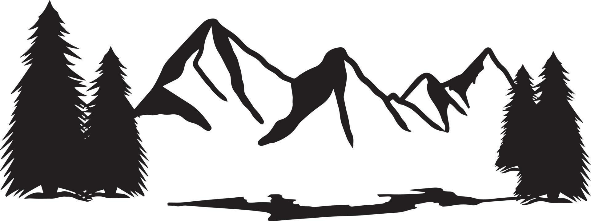 silhouette di un paesaggio di montagna con alberi di pino, illustrazione vettoriale in bianco e nero