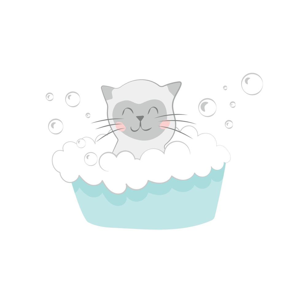 salone di toelettatura per gatti gattino carino in una bacinella lava un sacco di bolle volanti di schiuma vettore