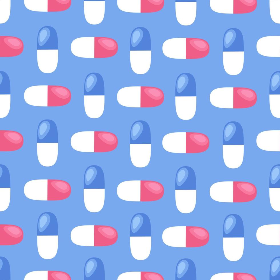 modello di piastrelle senza cuciture farmacia. sfondo blu sanitario. capsule mediche colorate. illustrazione piatta vettoriale