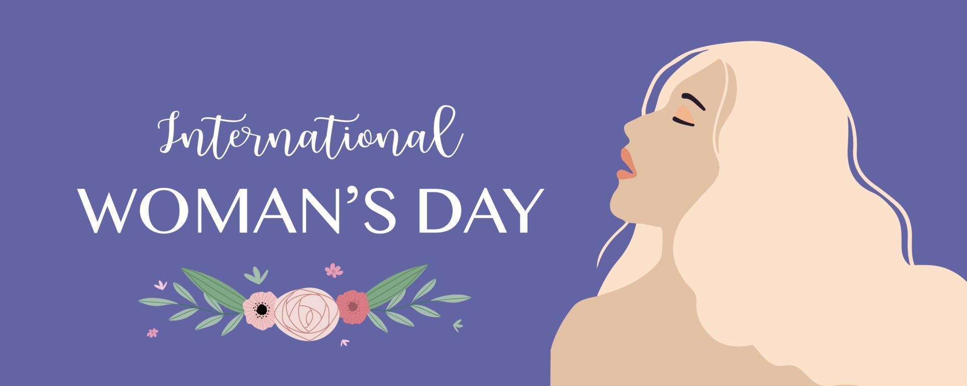 sfondo della giornata internazionale della donna con viso, capelli e fiori vettore