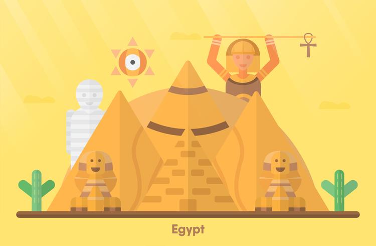 Punti di riferimento dell&#39;Egitto per viaggiare con la Grande Sfinge di Giza, la Grande Piramide di Giza, la montagna, il cactus, la mummia e la ragazza del faraone. Illustrazione vettoriale con copia spazio e bagliori di luce.