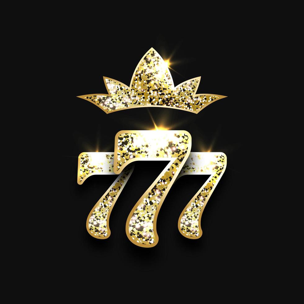 tre sette dorati scintillanti e una grande corona su sfondo nero. banner di casinò di lusso slot per grandi vincite 777 . illustrazione vettoriale