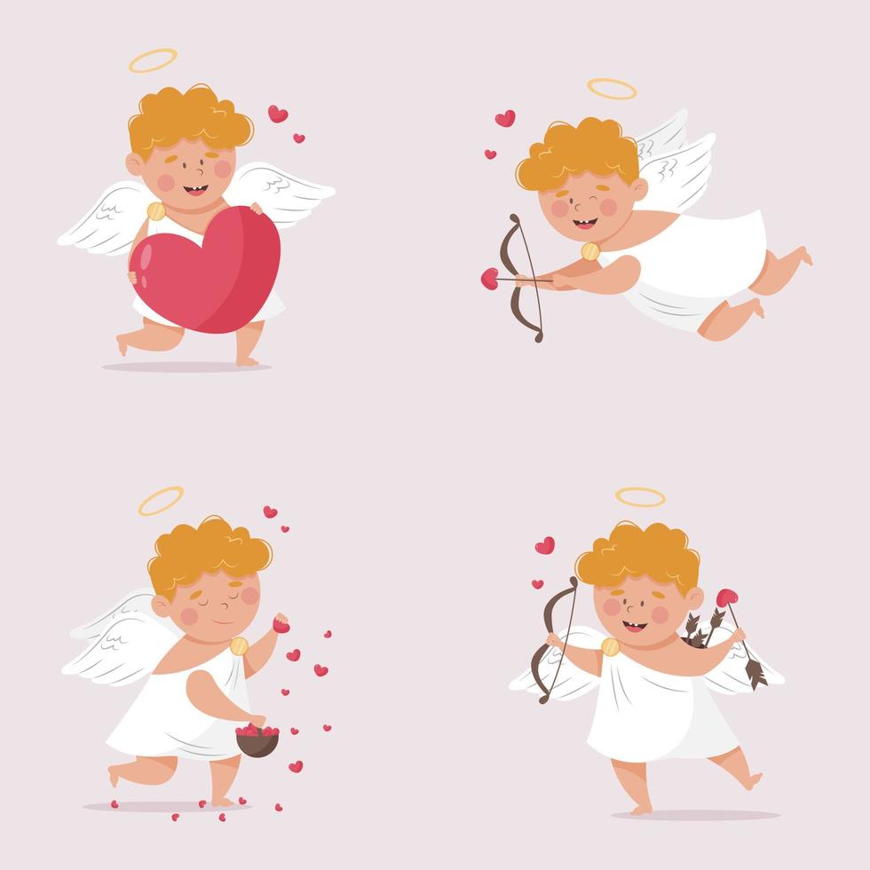 immagine di cupido vettoriale impostata in stile piatto. amore, il 14 febbraio e il simbolo di San Valentino. angelo con ali o amur che tiene un cuore rosso e tira le frecce da un arco.