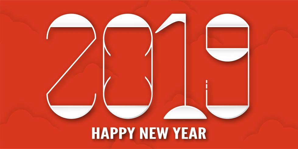 Felice anno nuovo 2019 con shodow di nuvola su sfondo rosso. Vector l&#39;illustrazione con la progettazione di calligrafia del numero nel mestiere del taglio e digitale della carta.