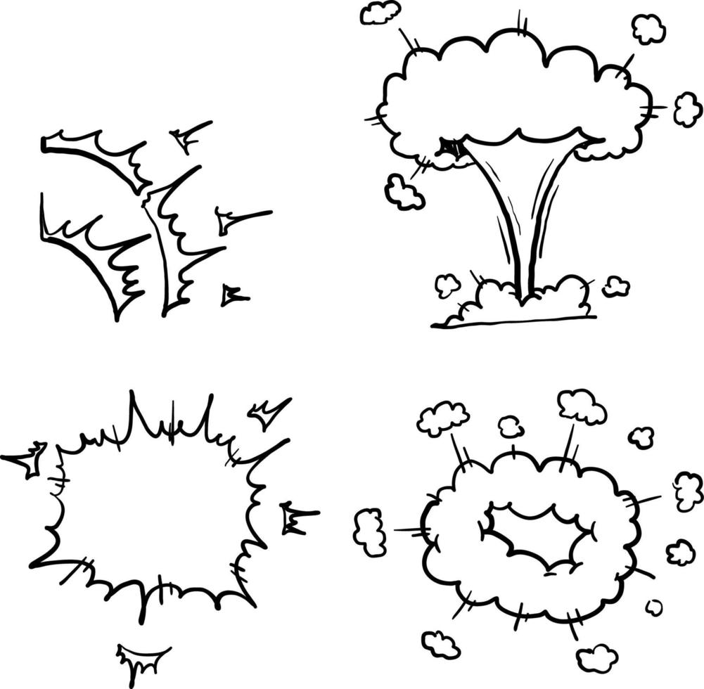 esplosione della bomba del fumetto disegnato a mano. esplosioni di dinamite, pericolo di detonazione di bombe esplosive e fumetti sulle nuvole di bombe atomiche. dinamite bomba detonatori stile doodle vettore