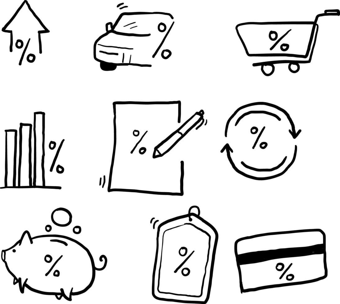 set semplice disegnato a mano di icone di linee vettoriali relative al prestito tasso di interesse, piano di investimento, stile di doodle di simboli del diagramma percentuale