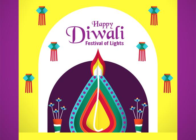 Sfondo di invito per Diwali, festival delle luci indù. Illustrazione vettoriale design in carta tagliata e stile artigianale.