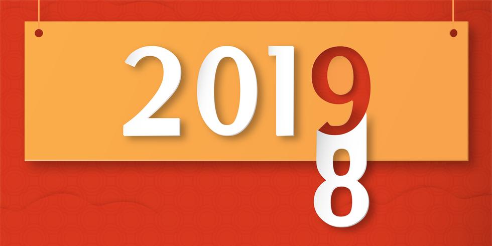 Felice anno nuovo 2019 con shodow di nuvola su sfondo rosso. Vector l&#39;illustrazione con la progettazione di calligrafia del numero nel mestiere del taglio e digitale della carta. Il concetto mostra che ha cambiato l&#39;anno di