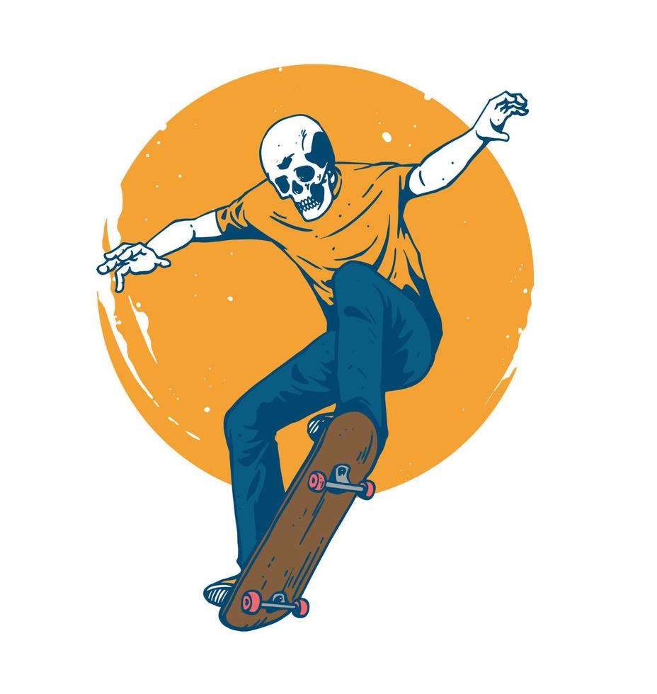 faccia del cranio che gioca illustrazione di skateboard vettore