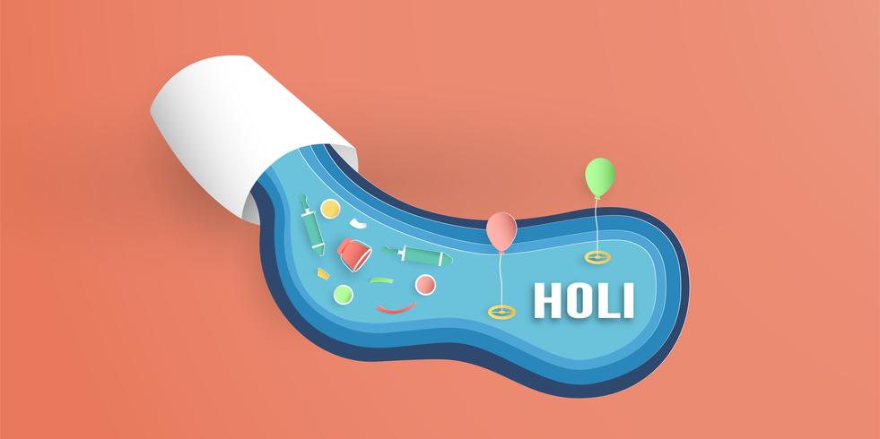 Happy Holi, Festival dei colori. Modello elemento di design per modello, banner, poster, cartolina d&#39;auguri. Illustrazione vettoriale in carta tagliata, artigianato, tipo di origami con lo stile piatto laici.