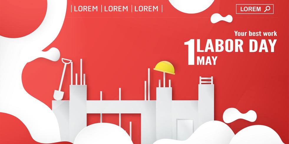 Buona festa del lavoro il 1 ° maggio di anni. Disegno del modello per banner, poster, copertina, pubblicità, sito Web. Vector l&#39;illustrazione nello stile del taglio e del mestiere di carta su priorità bassa rossa.