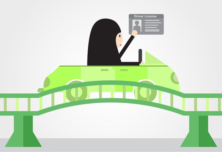 La donna guida un&#39;auto verde in Arabia Saudita sul ponte. L&#39;adulto arabo ottiene una patente di guida. Disegno di illustrazione vettoriale in stile piano.