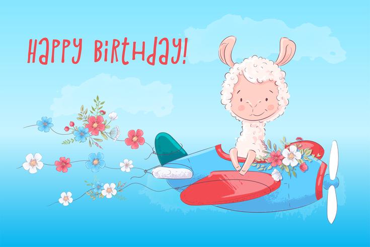 Illustrazione di un biglietto di auguri o principessa per una camera per bambini - Lama su un piano con fiori, illustrazione vettoriale in stile cartone animato