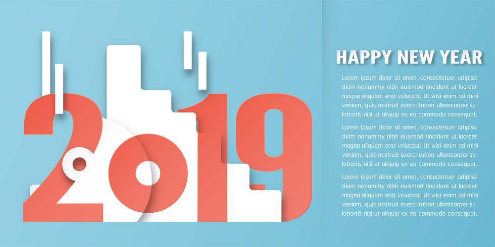 Decorazione del buon anno 2019 su fondo blu. Vector l&#39;illustrazione con la progettazione di calligrafia del numero nel mestiere del taglio e digitale della carta. Stile minimal