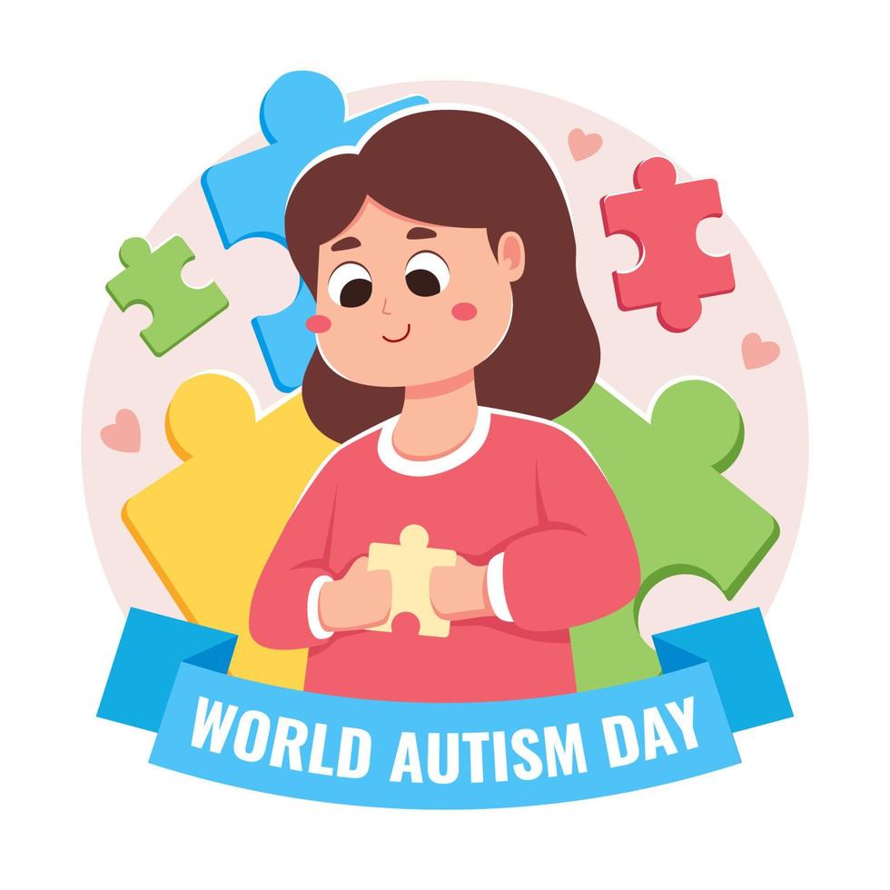 giornata mondiale dell'autismo con ragazza e pezzi di puzzle vettore