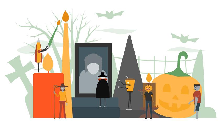 Scena minimale per il giorno di Halloween, il 31 ottobre, con mostri che includono dracula, bicchiere, uomo di zucca, frankenstein, ombrello, strega. Illustrazione vettoriale isolato su sfondo bianco.