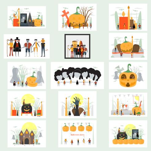 Scena minima per il giorno di Halloween, il 31 ottobre, con mostri che includono dracula, bicchiere, uomo di zucca, frankenstein, ombrello, gatto, burlone, strega. Illustrazione vettoriale isolato su sfondo bianco.