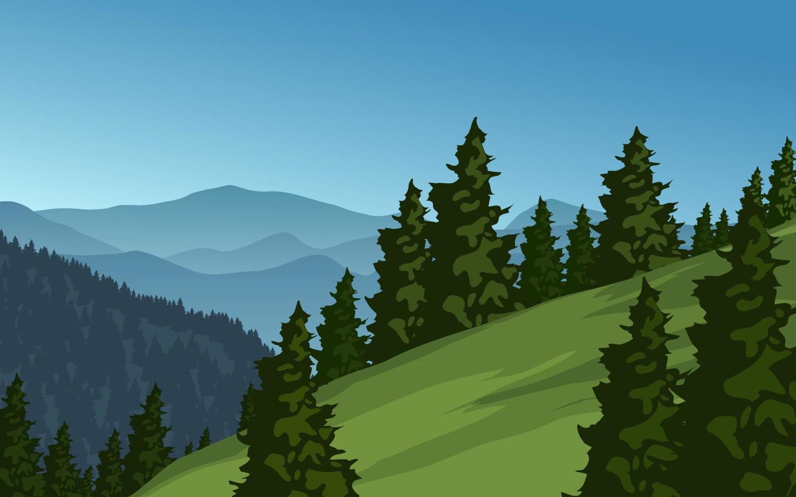 paesaggio forestale di conifere con colline e montagne vettore