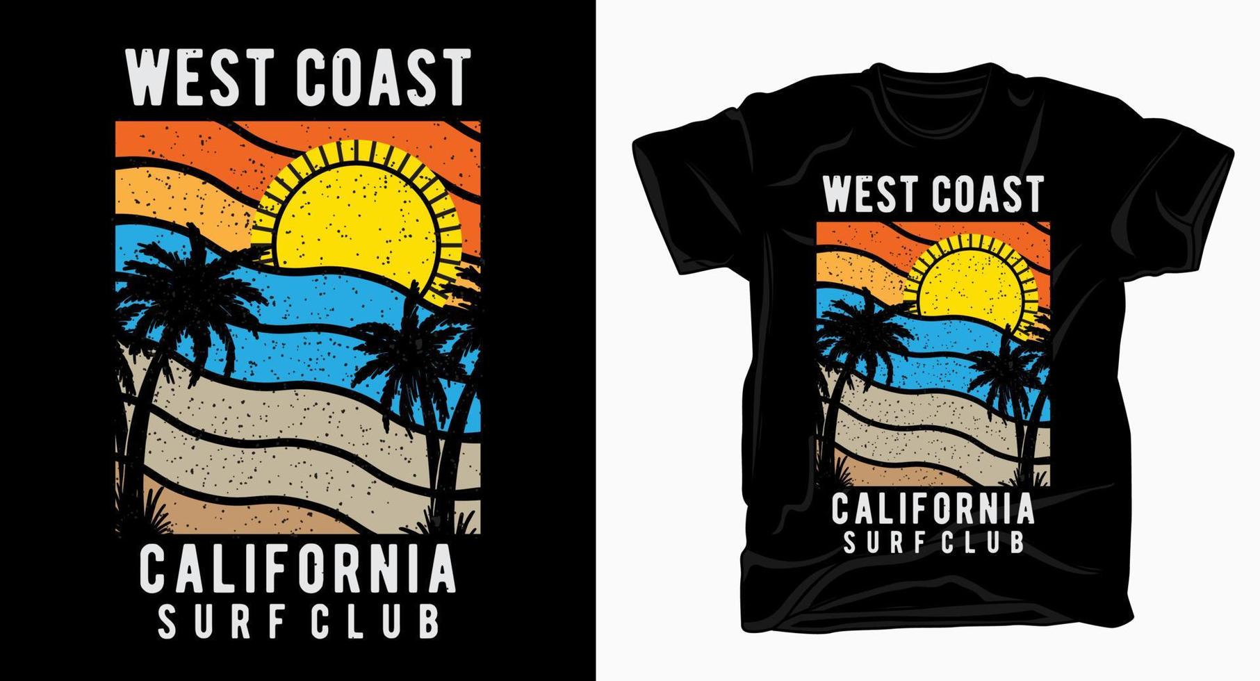 tipografia del club di surf della costa occidentale della California con palme e maglietta del sole vettore